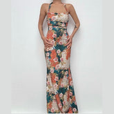 Halter flower print cowl neck maxi dress