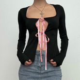Long sleeve bowknot hollow out ribbon cut out top