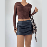 Sheer mesh long sleeve ruched v neck top