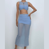 Crewneck sleeveless ruched mesh crop maxi skirt set-final-sale