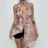 Button mesh halter print self tie top