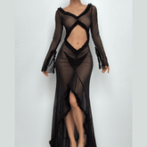 Long sleeve ruffle hollow out v neck sheer mesh cut out maxi dress-final-sale