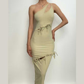 Ribbed one shoulder hollow out self tie irregular solid cut out midi dress-final-sale
