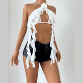 Ruffle flower applique self tie hollow out cut out top