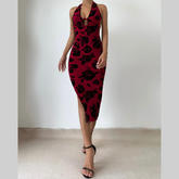 Halter v neck slit backless mesh self tie midi dress