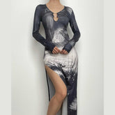 Slit long sleeve contrast o ring u neck maxi dress-final-sale