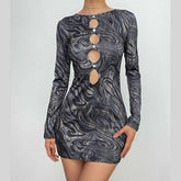 Button hollow out long sleeve round neck ripple contrast cut out mini dress-final-sale