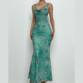 Cowl neck mesh butterfly print ruched cami maxi dress