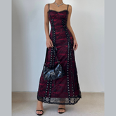 Ruffle lace up lace backless cami maxi dress