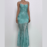Lace hem print mesh knotted ruched cami maxi dress