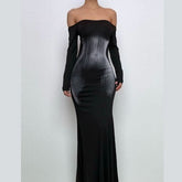Long sleeve off shoulder print contrast maxi dress-final-sale