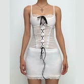Bowknot lace up lace hem mesh cami mini dress