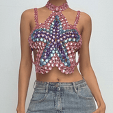 Halter star pattern backless gem chain top