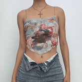 Metal chain print lace hem cami crop top