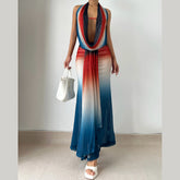 Cowl neck halter gradient backless maxi skirt set