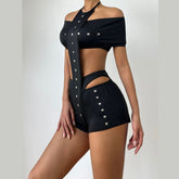 Off shoulder halter self tie solid pant set