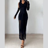Mesh hoodie cowl neck ruched maxi dress