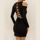 Long sleeve solid hollow out lace up self tie cut out mini dress-final-sale