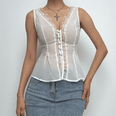 V neck button lace hem solid tank top