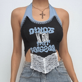 Halter lace patchwork letter pattern top-final-sale