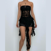 Lace cross applique irregular tube mini dress