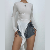 Long sleeve ruched irregular ruffle crewneck top