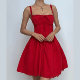 Lace hem drawstring ruched lace up cami mini dress