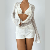 Long flared sleeve halter self tie 3 piece short pant set