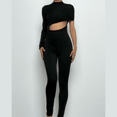 Hollow out high neck irregular zip-up jumpsuit