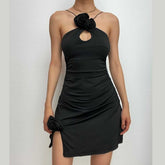 Ruched flower applique hollow out backless slit cut out mini dress-final-sale