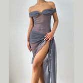 Ruched off shoulder lace up ruffle tube midi dress