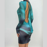 High neck long sleeve self tie backless gradient mini dress-final-sale
