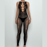 Sleeveless cross front hollow out lace bodystocking