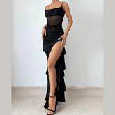 Mesh ruffle slit ruched square neck cami maxi dress