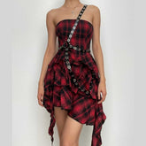 Ruffle plaid zip-up irregular one shoulder backless mini dress | victorian gothic dresses
