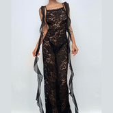Square neck lace flower applique midi dress
