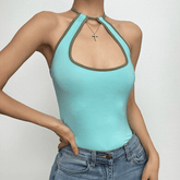 Halter contrast hollow out self tie backless cut out top