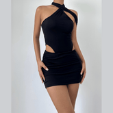 Irregular hollow out backless solid cut out mini dress