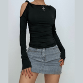 Irregular long sleeve hollow out ruched one shoulder cut out top-final-sale
