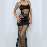 Lace hem v neck see through mesh cami maxi dress