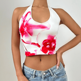 Halter flower print backless top