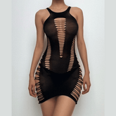 Hollow out solid round neck tank cut out mini dress