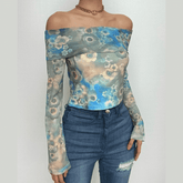 Flower print contrast off shoulder long sleeve mesh top-final-sale