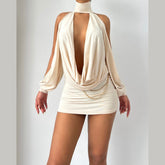 High neck hollow out solid cut out mini dress