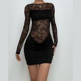 Long sleeve lace crewneck patchwork ruched mini dress