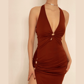 V neck hollow out ring slit solid cut out maxi dress