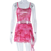 U neck bowknot ruffle mesh cami mini skirt set