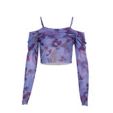 Off shoulder long sleeve mesh print top