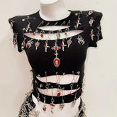 Crewneck short sleeve hollow out metal applique cut out top