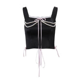 Beaded lace hem bowknot lace up top